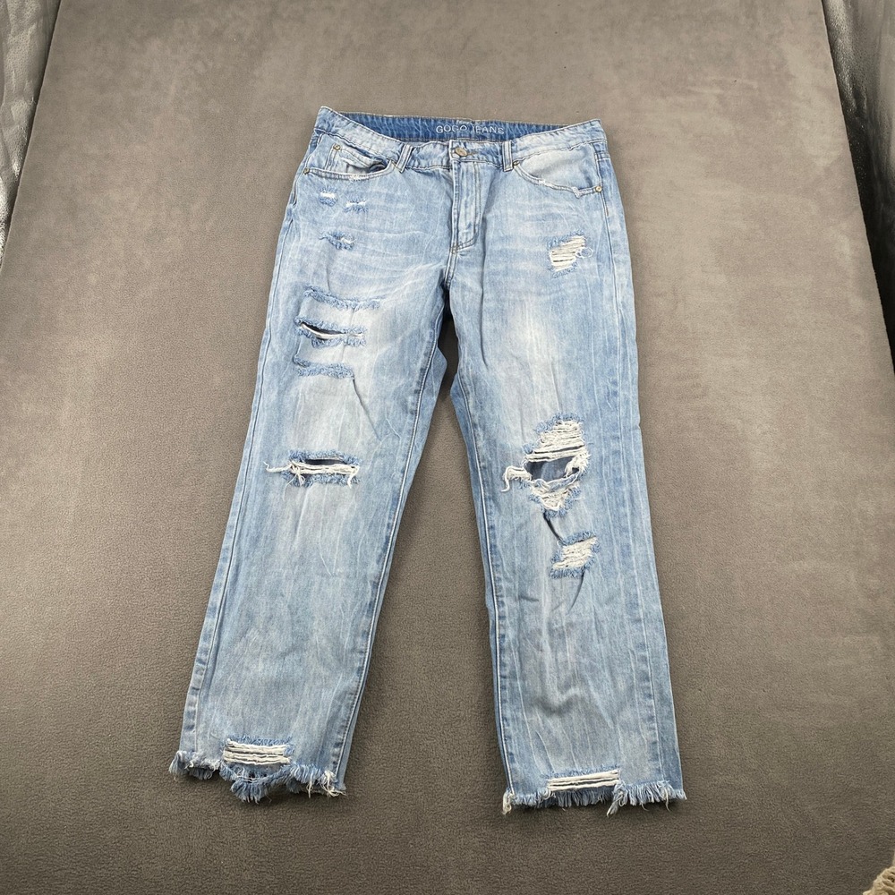 Gogo Jeans Light Wash Distressed Straight Leg Frayed Hem Denim GOGO Size 13/31